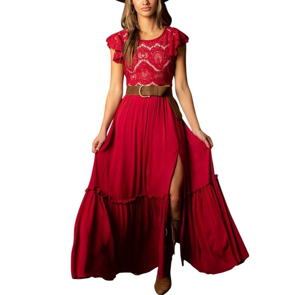 Joyfolie Macienne Dress Lace Maxi Dress Crimson Boho Western Cottagecore Medium